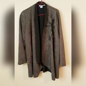 Feratelli Women Blazer Waterfall Jacket Dark Green Faux Suede Flower Applique M